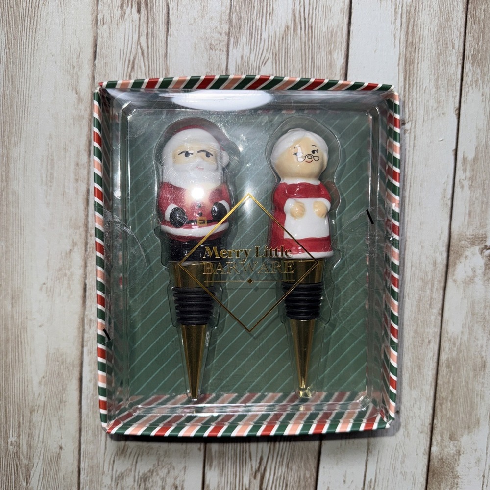 Merry Little Barware Mr. And Mrs. Santa Claus Set‎ of 2 Bottle Stoppers  NIB